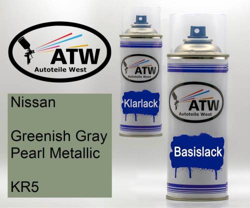 Nissan, Greenish Gray Pearl Metallic, KR5: 400ml Sprühdose + 400ml Klarlack - Set, von ATW Autoteile West.